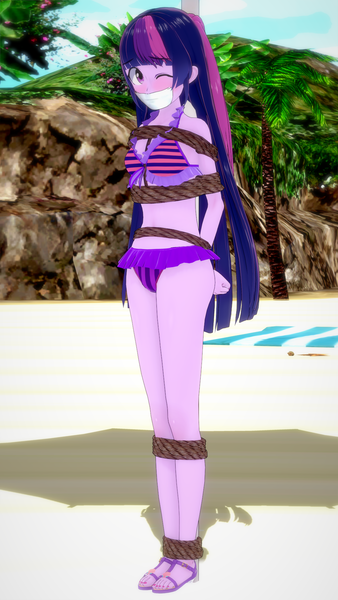 Size: 1080x1920 | Tagged: suggestive, artist:csxz, derpibooru import, twilight sparkle, twilight sparkle (alicorn), alicorn, equestria girls, 3d, beach, beach umbrella, bikini, bondage, bound and gagged, breast bondage, breasts, clothes, damsel in distress, gag, hands behind back, image, koikatsu, microfoam tape, nail polish, one eye closed, png, pole tied, sandals, swimsuit, tied up, umbrella