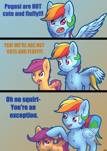 Size: 2892x4096 | Tagged: safe, artist:db, artist:dbcreativearts, derpibooru import, rainbow dash, scootaloo, pegasus, pony, dialogue, image, jpeg, tsundaloo, tsundere