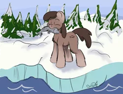 Size: 1390x1069 | Tagged: safe, artist:agent-diego, derpibooru import, oc, unofficial characters only, fish, pony, taiga pony, female, forest, ice, image, mare, pinecone, png, snow, tree, water