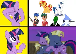 Size: 1784x1284 | Tagged: safe, derpibooru import, screencap, flash sentry, shining armor, star tracker, sunset shimmer, timber spruce, twilight sparkle, twilight sparkle (alicorn), oc, oc:anon, alicorn, bird, blue jay, earth pony, pony, unicorn, equestria girls, father knows beast, once upon a zeppelin, school daze, covering eyes, eyes closed, female, hotline bling, hug, image, implied flashlight, implied incest, implied infidelity, implied lesbian, implied mordetwi, implied shiningsparkle, implied shipping, implied straight, implied sunsetsparkle, implied timbertwi, male, meme, mordecai, night, open mouth, png, regular show, shipping, simple background, straight, twitracker, vector, yellow background