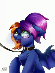 Size: 3000x4000 | Tagged: suggestive, artist:lbread28, derpibooru import, oc, unofficial characters only, bat pony, bat pony oc, bat wings, breath, collar, fangs, glasses, image, jpeg, leash, looking up, panting, submissive, tongue out, wings