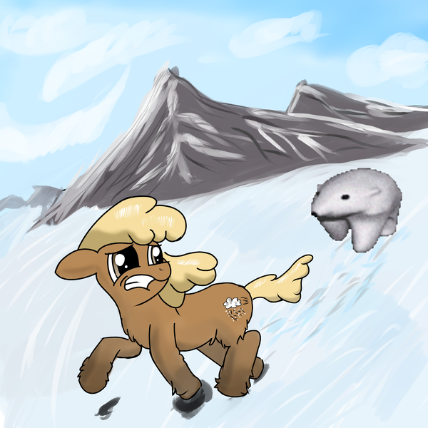 Size: 3000x3000 | Tagged: safe, artist:anonymous, derpibooru import, oc, unofficial characters only, bear, polar bear, pony, taiga pony, chest fluff, cloud, female, image, looking back, mare, meme, mountain, png, running away, scared, snow