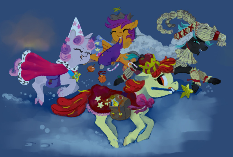 Size: 1275x859 | Tagged: safe, artist:spectralunicorn, derpibooru import, apple bloom, scootaloo, sweetie belle, oc, earth pony, pegasus, pony, unicorn, christmas, clothes, cutie mark crusaders, female, filly, flying, holiday, image, jpeg