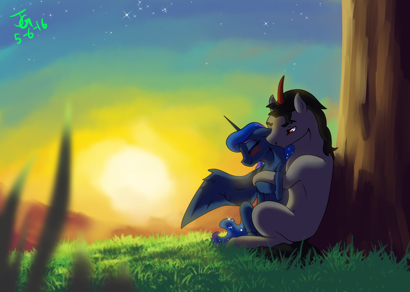 Size: 1400x1000 | Tagged: safe, artist:joan-grace, derpibooru import, king sombra, princess luna, alicorn, pony, blushing, eyes closed, female, floppy ears, grass, hug, hug from behind, image, lumbra, male, mare, outdoors, png, shipping, sitting, stallion, story in the source, story included, straight, sunset, tree, twilight (astronomy)