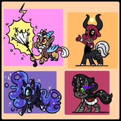 Size: 1280x1284 | Tagged: safe, artist:spudsmcfrenzy, derpibooru import, discord, king sombra, lightning bolt, lord tirek, nightmare moon, white lightning, alicorn, centaur, draconequus, unicorn, my little pony: pony life, chibi, color palette, energy, fangs, image, jpeg, lightning, signature, sparkles, umbrella