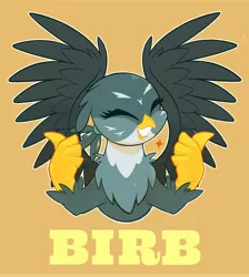 Size: 1836x2048 | Tagged: safe, artist:noupu, derpibooru import, gabby, gryphon, birb, cute, eyes closed, female, gabbybetes, grin, image, jpeg, simple background, smiling, solo, spread wings, thumbs up, wings, yellow background