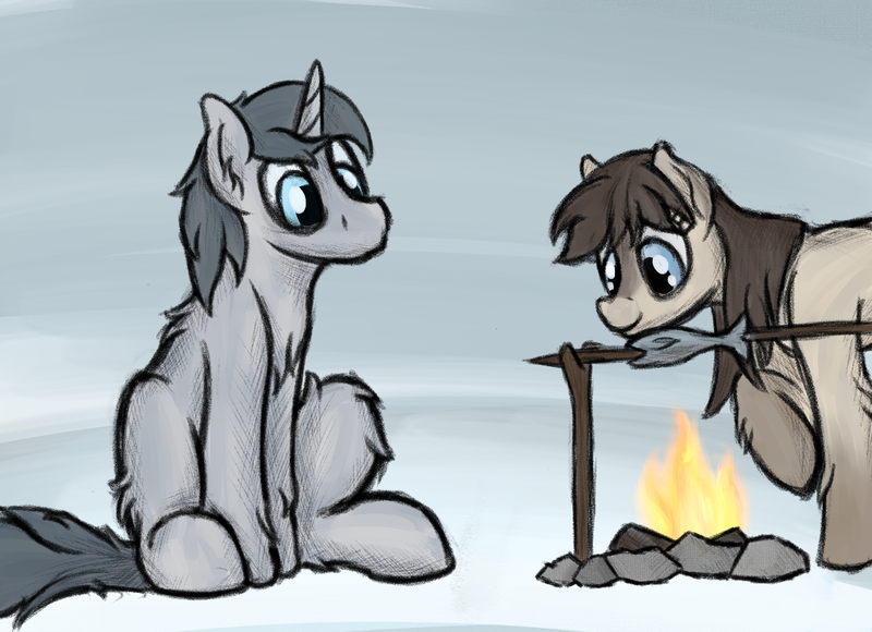 Size: 1482x1075 | Tagged: safe, artist:ahorseofcourse, derpibooru import, oc, oc:frosty flakes, unnamed oc, unofficial characters only, fish, pony, taiga pony, unicorn, campfire, chest fluff, cooking, duo, ear fluff, female, fire, fluffy, food, image, implied ponies eating fish, implied ponies eating meat, male, mare, meat, png, roasting, sitting, snow, stallion