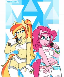 Size: 1414x1702 | Tagged: safe, artist:redxbacon, derpibooru import, pinkie pie, oc, oc:sunny lane, oc:trash, anthro, earth pony, clothes, female, females only, fingerless gloves, gloves, image, jpeg, microphone