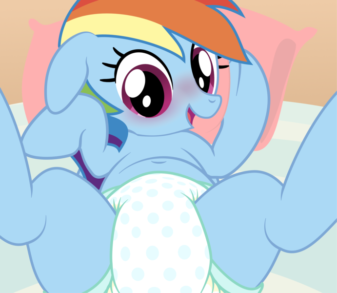 Size: 3371x2928 | Tagged: questionable, artist:asdfasfasda, derpibooru import, rainbow dash, pegasus, pony, adult foal, bed, belly button, blushing, cute, dashabetes, diaper, diaper fetish, fetish, floppy ears, happy, image, looking at you, lying down, non-baby in diaper, on back, open mouth, open smile, pattern, png, show accurate, smiling, solo, spread legs, spreading