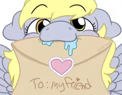 Size: 900x700 | Tagged: safe, artist:pink-pone, derpibooru import, derpy hooves, pegasus, pony, blushing, cute, derpabetes, drool, floppy ears, image, letter, looking at you, mouth hold, png