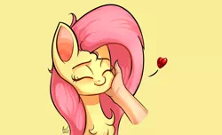 Size: 1584x966 | Tagged: safe, artist:alexsc112, derpibooru import, fluttershy, pegasus, pony, chest fluff, cute, disembodied hand, eyes closed, floating heart, hand, hand on cheek, heart, image, petting, png, shyabetes, smiling, solo
