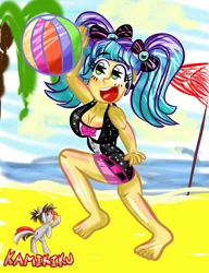 Size: 3000x3900 | Tagged: suggestive, artist:kamikiku, derpibooru import, pixel pizazz, equestria girls, beach, beach ball, bikini, clothes, image, jpeg, open mouth, open smile, smiling, swimsuit