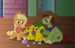 Size: 1280x819 | Tagged: safe, artist:aleximusprime, derpibooru import, applejack, tex, oc, oc:annie smith, oc:apple chip, flurry heart's story, blushing, bow, brother and sister, clothes, cowboy hat, crying, family, father and child, father and daughter, father and mother, father and son, female, freckles, hat, image, jpeg, male, mother and child, mother and daughter, mother and son, offspring, older, older applejack, parent:applejack, parents and child, parents:texjack, parent:tex, pigtails, sad, scarf, shipping, siblings, stetson, straight, texjack, tissue, tissue box
