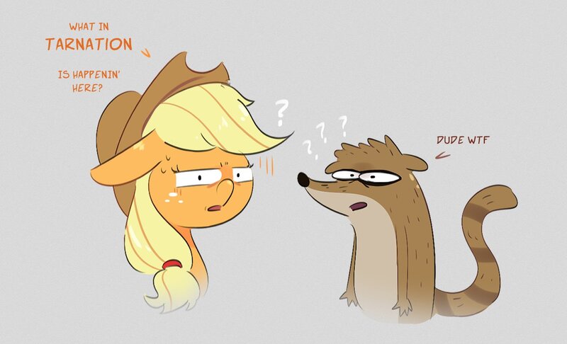 Size: 1471x894 | Tagged: safe, artist:another_pony, derpibooru import, applejack, earth pony, raccoon, confused, dialogue, image, jpeg, question mark, regular show, rigby