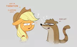 Size: 1471x894 | Tagged: safe, artist:another_pony, derpibooru import, applejack, earth pony, raccoon, confused, dialogue, image, jpeg, question mark, regular show, rigby