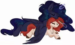 Size: 2360x1415 | Tagged: safe, artist:beardie, derpibooru import, princess luna, oc, pony, brush, canon x oc, cuddling, eyes closed, hairbrush, hug, image, jpeg, lidded eyes, magic, one eye closed, smiling, telekinesis, winghug, wings