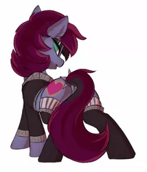 Size: 1391x1626 | Tagged: safe, artist:beardie, derpibooru import, oc, unofficial characters only, earth pony, pony, butt, clothes, image, jacket, jpeg, lidded eyes, looking at you, looking back, looking back at you, plot, socks, spikes, tail, tail wrap, thigh highs