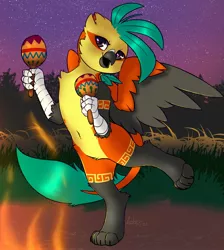 Size: 1790x2000 | Tagged: safe, artist:jiralightstalker, derpibooru import, gryphon, chest fluff, dancing, fire, image, jpeg, looking at you, maracas, musical instrument, spread wings, wings