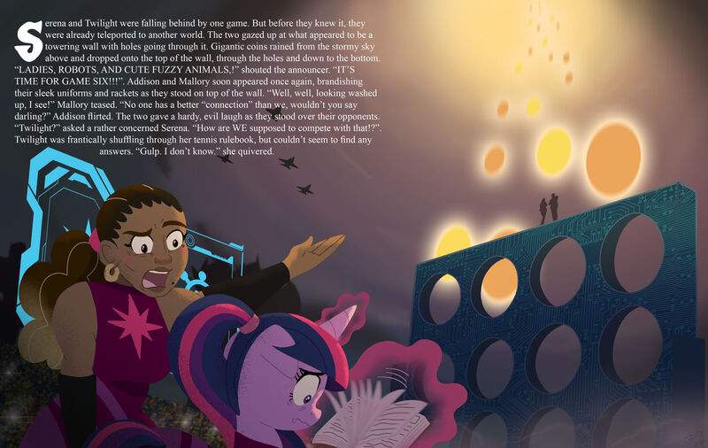 Size: 1920x1214 | Tagged: safe, artist:heavysplatter, derpibooru import, twilight sparkle, twilight sparkle (alicorn), alicorn, human, pony, alternate hairstyle, book, connect four, duo focus, female, floppy ears, image, jpeg, mare, ponytail, serena williams, silhouette, space jam, sweat