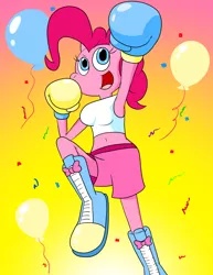 Size: 1468x1900 | Tagged: safe, artist:strangefacts101, derpibooru import, pinkie pie, anthro, earth pony, plantigrade anthro, balloon, boots, boxing, boxing gloves, boxing shorts, breasts, busty pinkie pie, clothes, confetti, image, png, shoes, solo, sports, tanktop