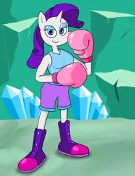 Size: 1468x1900 | Tagged: safe, artist:strangefacts101, derpibooru import, rarity, anthro, unicorn, boxing, boxing gloves, boxing shorts, cave, clothes, crystal, crystal caverns, eyeshadow, image, makeup, png, shoes, solo, sports, tanktop