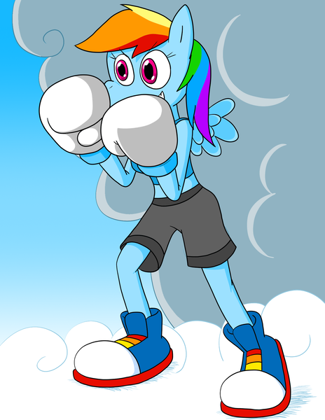 Size: 1468x1900 | Tagged: safe, artist:strangefacts101, derpibooru import, rainbow dash, anthro, pegasus, plantigrade anthro, boxing, boxing gloves, boxing shorts, breasts, busty rainbow dash, clothes, cloud, image, on a cloud, png, shoes, sky, sneakers, solo, sports, standing on a cloud, tanktop, wings