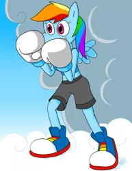 Size: 1468x1900 | Tagged: safe, artist:strangefacts101, derpibooru import, rainbow dash, anthro, pegasus, plantigrade anthro, boxing, boxing gloves, boxing shorts, breasts, busty rainbow dash, clothes, cloud, image, on a cloud, png, shoes, sky, sneakers, solo, sports, standing on a cloud, tanktop, wings