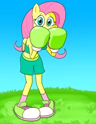 Size: 1468x1900 | Tagged: safe, artist:strangefacts101, derpibooru import, fluttershy, anthro, pegasus, plantigrade anthro, boxing, boxing gloves, boxing shorts, breasts, busty fluttershy, clothes, covering face, covering mouth, grass, grass field, hunched over, image, pigeon toed, png, scared, shoes, shorts, shy, sneakers, socks, solo, sports, tanktop, timid, wings