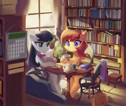 Size: 4096x3440 | Tagged: safe, artist:saxopi, derpibooru import, octavia melody, oc, oc:kadae, earth pony, pony, bag, book, bookshelf, calendar, cello, cello case, chair, commission, cute, date, food, image, jpeg, library, looking at each other, musical instrument, smiling, sun, sunlight, table, tea, teapot