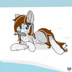 Size: 2000x2000 | Tagged: safe, artist:gnashie, derpibooru import, oc, oc:silver snow, unofficial characters only, fish, pony, taiga pony, belly button, belly fluff, chest fluff, female, hoofprints, image, looking at you, lying down, mare, mouth hold, png, side, snow, water