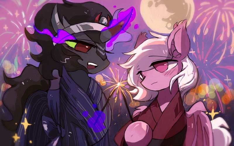 Size: 2448x1530 | Tagged: safe, artist:jojo, derpibooru import, king sombra, oc, oc:coloured glaze rose, bat pony, pony, unicorn, canon x oc, duo, duo male, fireworks, fireworks stick, holiday, image, jpeg, magic, male, moon, night, stallion, valentine's day, wings