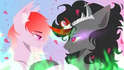 Size: 1080x607 | Tagged: safe, artist:银星, derpibooru import, king sombra, oc, oc:coloured glaze rose, bat pony, pony, unicorn, canon x oc, duo, duo male, fire, flower, green fire, hoof hold, image, looking at each other, male, petals, png, rose, stallion