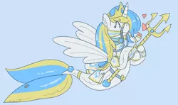 Size: 1200x709 | Tagged: safe, artist:kipaki, derpibooru import, oc, oc:trask, unofficial characters only, alicorn, seapony (g4), blue background, bridle, dorsal fin, fin wings, fish tail, flowing tail, heart, horn, image, png, saddle, seaponified, simple background, smiling, solo, species swap, swimming, tack, tail, trident, wings