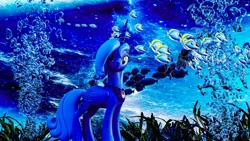 Size: 3840x2160 | Tagged: safe, artist:psycesponge, derpibooru import, princess luna, alicorn, fish, pony, 3d, 3d model, blue mane, bubble, colored pupils, crown, female, green eyes, hoof shoes, horn, image, jewelry, png, regalia, render, s1 luna, seaweed, smiling, solo, underwater, unreal engine, wallpaper, water, wings