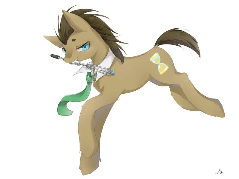 Size: 2400x1800 | Tagged: safe, artist:貂小明, derpibooru import, doctor whooves, time turner, earth pony, pony, commission, doctor who, image, jpeg, leaping, legends of the three kingdoms, looking at you, male, mouth hold, necktie, simple background, solo, sonic screwdriver, stallion, the doctor, white background