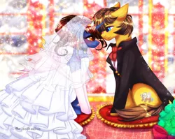Size: 4000x3179 | Tagged: safe, artist:krissstudios, derpibooru import, oc, unofficial characters only, pony, unicorn, clothes, dress, female, image, male, mare, png, stallion, suit, wedding dress