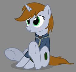 Size: 914x874 | Tagged: safe, artist:mrlolcats17, derpibooru import, oc, oc:littlepip, unofficial characters only, pony, unicorn, fallout equestria, fanfic, animated, blushing, clothes, cute, cutie mark, fanfic art, female, hooves, horn, image, mare, ocbetes, pipabetes, pipbuck, show accurate, simple background, sitting, smiling, solo, vault suit, webm