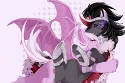 Size: 4500x3000 | Tagged: safe, artist:memorycity2, derpibooru import, king sombra, oc, oc:coloured glaze rose, bat pony, pony, unicorn, bat wings, canon x oc, duo, duo male, hug, image, looking at you, lying, lying down, male, png, sombrose, stallion, wings