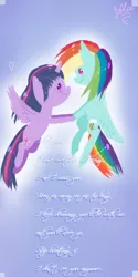 Size: 2000x4000 | Tagged: safe, artist:gnidagovnida, derpibooru import, rainbow dash, twilight sparkle, twilight sparkle (alicorn), alicorn, pegasus, pony, beady eyes, blushing, female, flying, heart, holding hooves, image, lesbian, looking at each other, nickelback, png, shipping, smiling, song reference, twidash