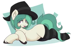 Size: 2988x1953 | Tagged: safe, artist:czu, derpibooru import, oc, oc:coven, unofficial characters only, abstract background, belly, clothes, hat, image, looking at you, lying down, png, prone, socks, thigh highs, unshorn fetlocks, witch hat