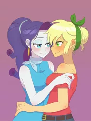 Size: 1620x2160 | Tagged: safe, artist:haibaratomoe, derpibooru import, applejack, rarity, equestria girls, alternate hairstyle, bedroom eyes, belt, clothes, dress, female, hug, image, jeans, jpeg, lesbian, looking at each other, pants, purple background, rarijack, shipping, simple background