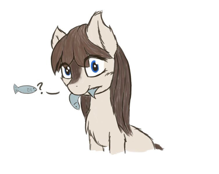 Size: 4096x3263 | Tagged: safe, artist:simplesample, derpibooru import, oc, unnamed oc, unofficial characters only, fish, pony, taiga pony, absurd resolution, chest fluff, cute, ear fluff, female, food, image, jpeg, looking at you, mare, meat, ponies eating fish, ponies eating meat, simple background, solo, white background