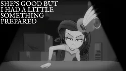 Size: 1280x720 | Tagged: safe, derpibooru import, edit, edited screencap, editor:quoterific, screencap, rarity, equestria girls, equestria girls series, rarity investigates: the case of the bedazzled boot, black and white, female, grayscale, image, jpeg, monochrome, rarity investigates (eqg): trixie, solo