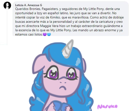 Size: 548x469 | Tagged: safe, artist:wrath-marionphauna, derpibooru import, izzy moonbow, unicorn, cute, facebook, g5, image, izzybetes, latin american, leticia amezcua, png, ponylatino, sad, sadorable, solo, spanish, translated in the description, voice actor, voice actor joke, voice actor reference