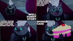 Size: 1280x720 | Tagged: safe, derpibooru import, edit, edited screencap, editor:quoterific, screencap, grubber, tempest shadow, pony, unicorn, my little pony: the movie, cake, female, food, grin, image, male, mare, open mouth, png, smiling