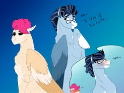 Size: 2662x2000 | Tagged: safe, artist:inisealga, derpibooru import, oc, oc:mocha frost, oc:soaring spirit, unofficial characters only, pegasus, pony, chest fluff, coat markings, colored wings, facial markings, female, folded wings, image, jpeg, male, mare, neck fluff, pegasus oc, simple background, socks (coat marking), stallion, wings