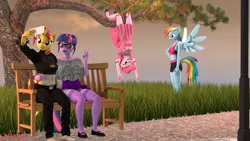 Size: 3840x2160 | Tagged: safe, artist:jcpcb, artist:jcpreactyt, derpibooru import, pinkie pie, rainbow dash, sci-twi, sunset shimmer, twilight sparkle, anthro, 3d, bench, breasts, cleavage window, clothes, coat, female, glasses, grass, hair, hair bun, hanging, hanging upside down, image, jacket, kneesocks, lamp, lesbian, lying down, magic skirt, midriff, nexgen, pants, peace sign, phone, pinkie being pinkie, png, ponk, scitwishimmer, selfie, shipping, shoes, shorts, skirt, socks, source filmmaker, sports bra, sports shorts, streetlight, sunsetsparkle, tail, top, tree, upside down, wings