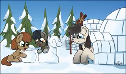 Size: 1992x1165 | Tagged: safe, artist:agent-diego, derpibooru import, oc, oc:evergreen, oc:frosty flakes, oc:permafrost, unofficial characters only, fish, pony, taiga pony, colt, female, filly, house, igloo, image, male, mare, open mouth, pine tree, png, snow, snowpony, tree