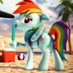 Size: 2160x2160 | Tagged: safe, artist:psfmer, derpibooru import, rainbow dash, pegasus, pony, 3d, beach, beach ball, cloud, cooler, dock, drink, featureless crotch, female, food, image, licking, looking at you, mare, palm tree, png, popsicle, sand, solo, source filmmaker, tongue out, tree, umbrella