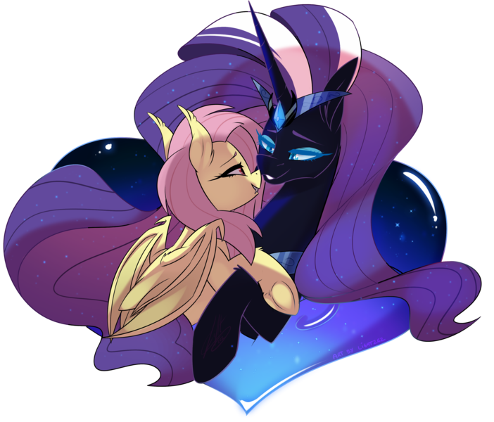 Size: 2966x2534 | Tagged: safe, artist:light262, derpibooru import, fluttershy, nightmare rarity, bat pony, pony, unicorn, bat ponified, flutterbat, image, png, race swap, shipping, simple background, transparent background